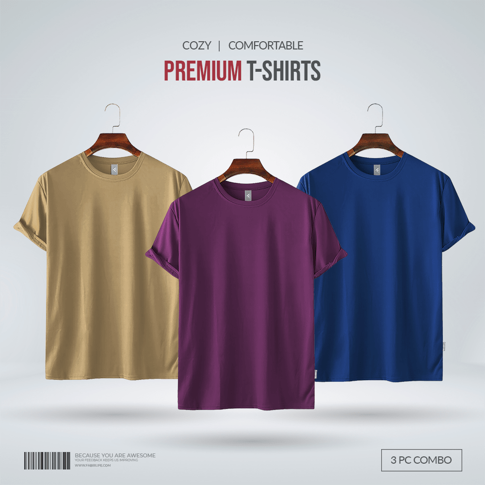Fabrilife Men's Premium 100% Cotton Blank T-Shirt - Tan, Purple, Royal Blue